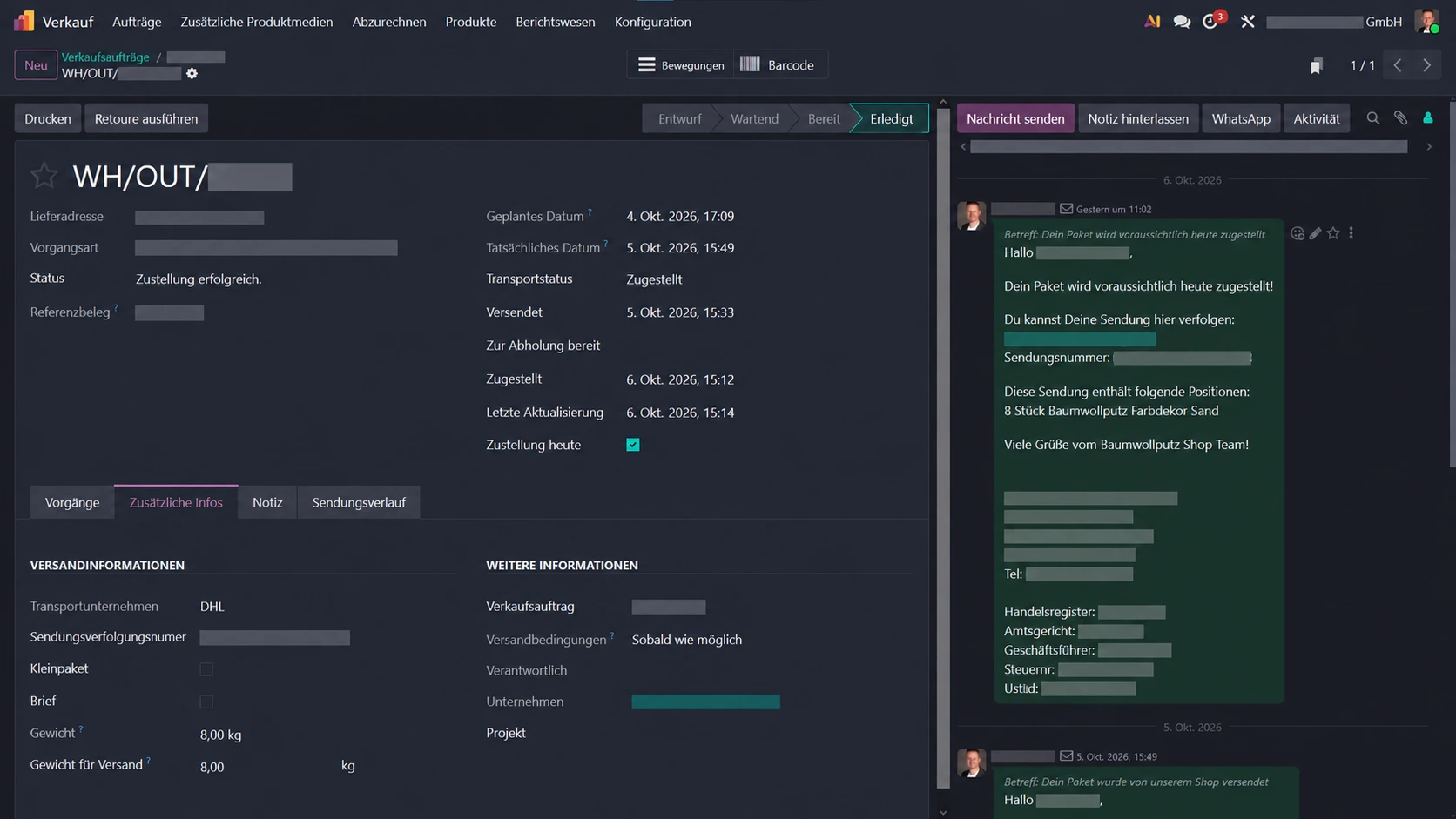 Odoo Tracking Versandstatus und automatische Kundeninformation